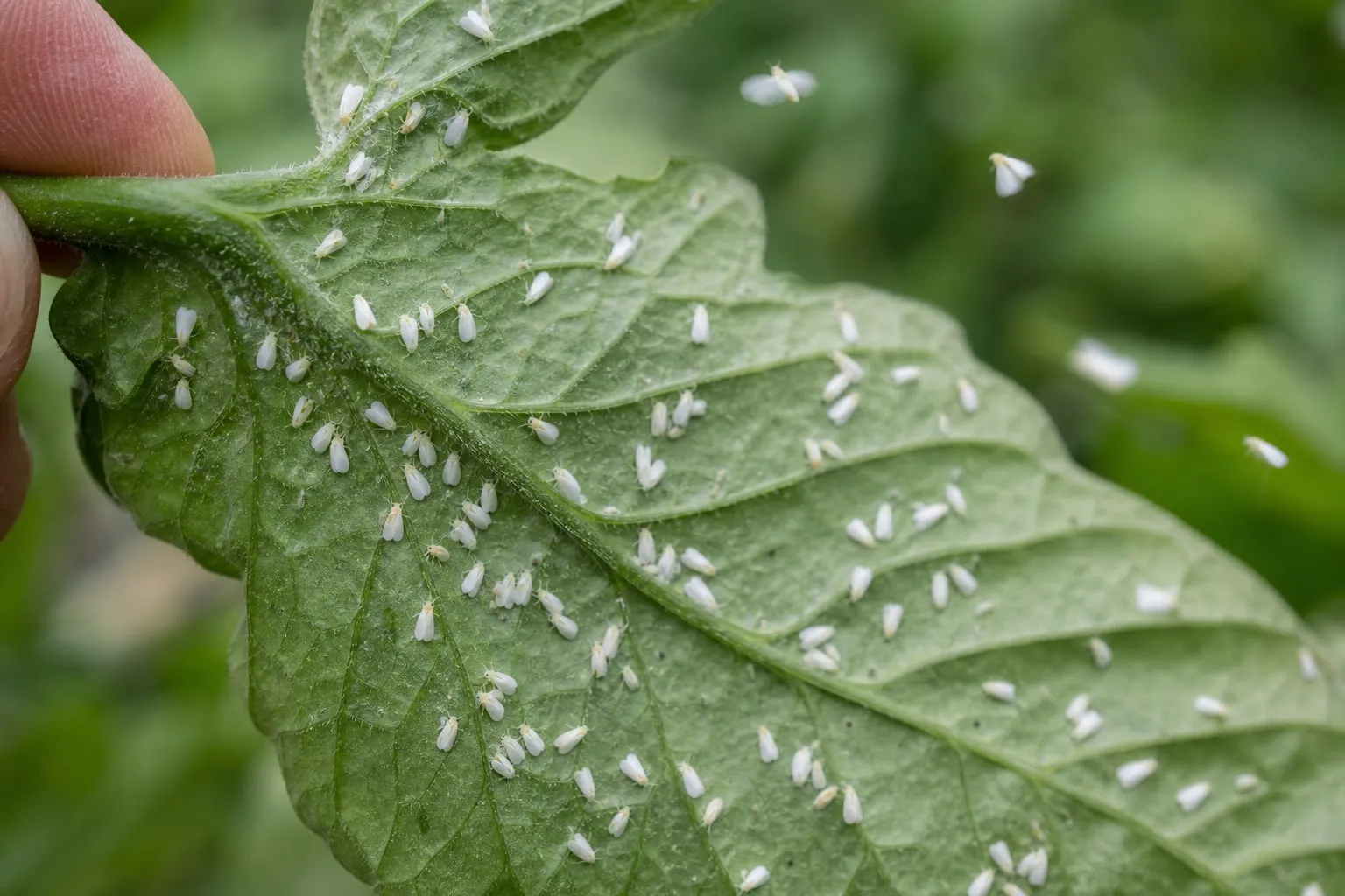 Gros plan sur le revers d'une feuille de tomate couverte de petites mouches blanches, quelques-unes s'envolant.