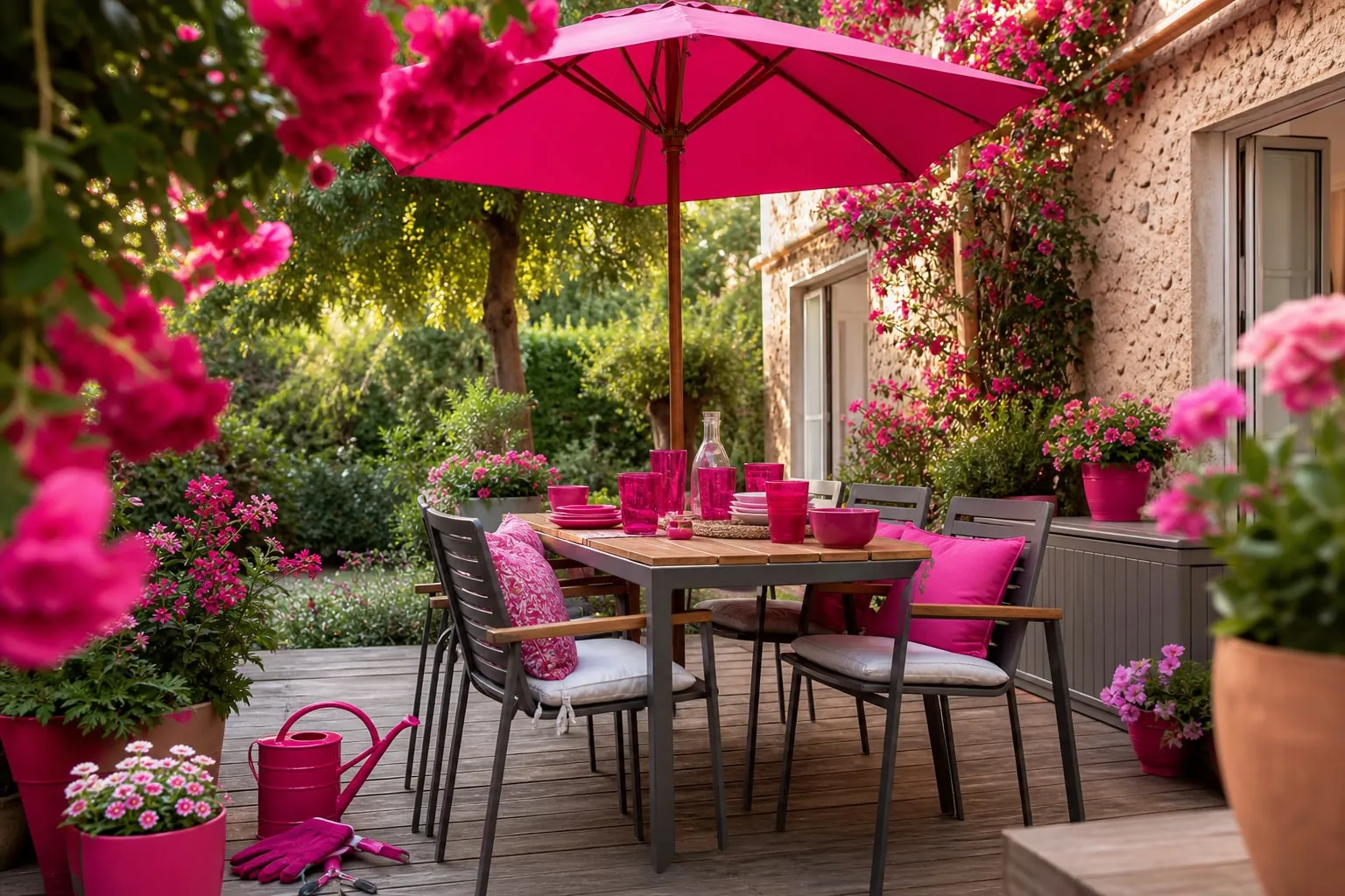 Une terrasse familiale aménagée avec un salon de jardin, une table de repas, un parasol et des plantations en pots, illustrant l’équipement d’un extérieur sans végétaux à acheter.