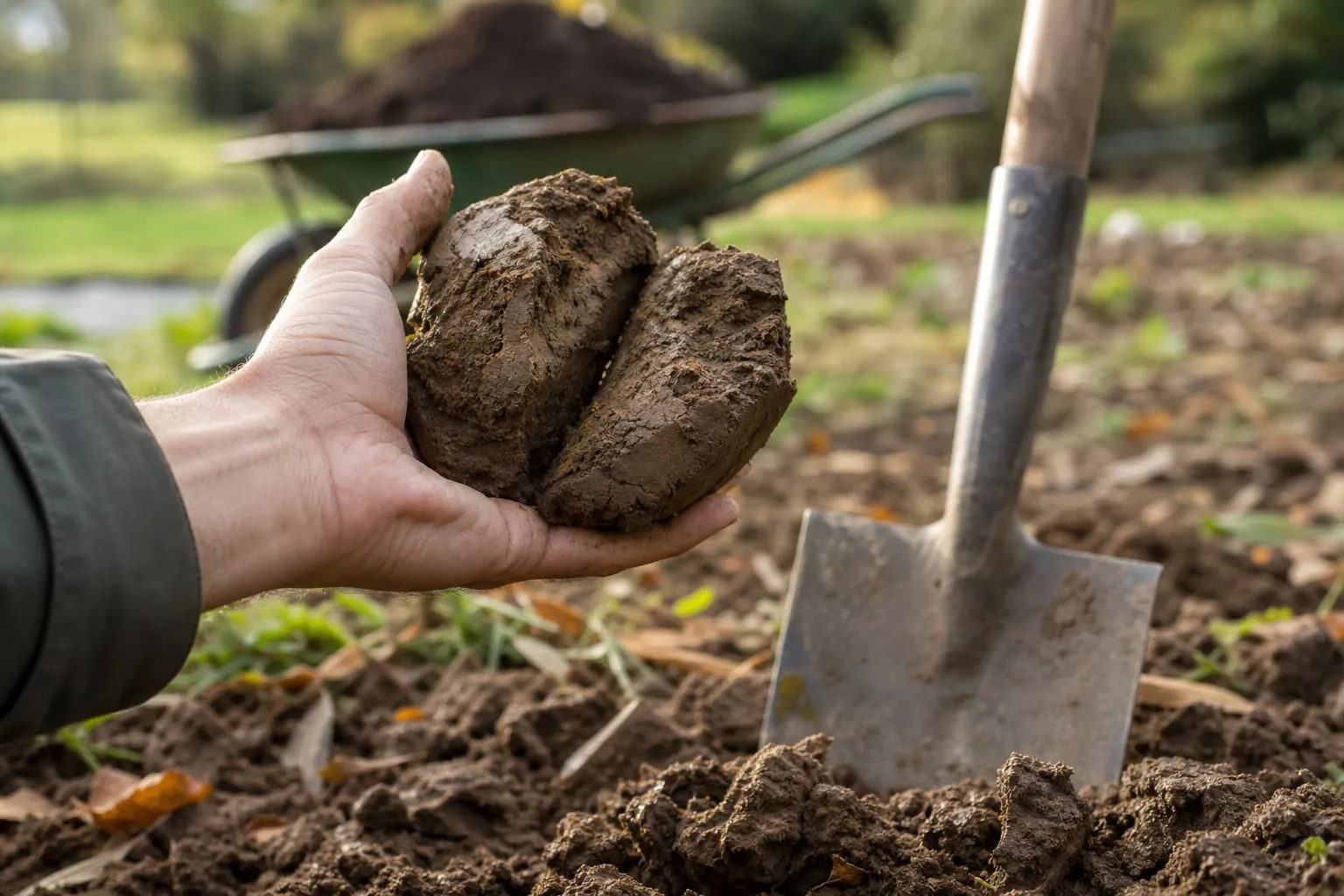 Motte de terre argileuse brune fendue en deux dans une main, bêche plantée dans le sol travaillé juste derrière.