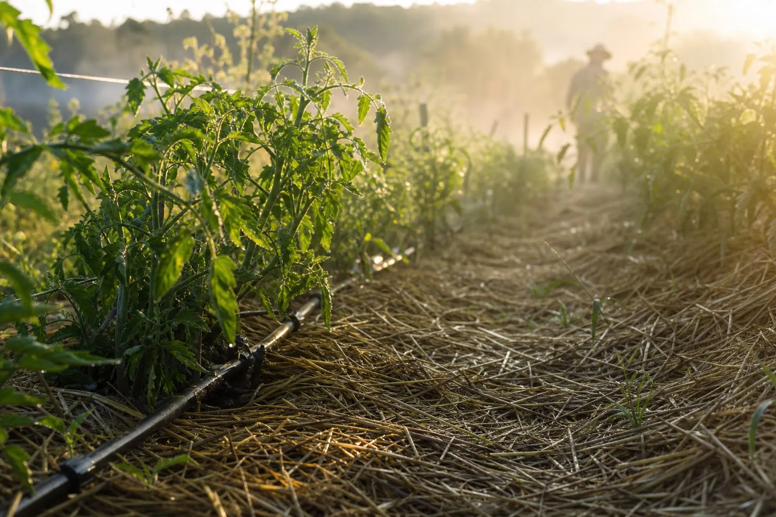 Système de goutte-à-goutte au pied de rangs de légumes dans un potager d’été, tôt le matin, avec un paillage de paille visible au sol.