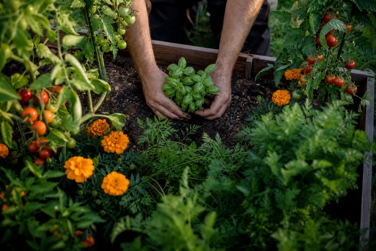 Mains d'un jardinier repiquant un plant de basilic entre deux pieds de tomates, dans un potager en planches en fin d'après-midi.