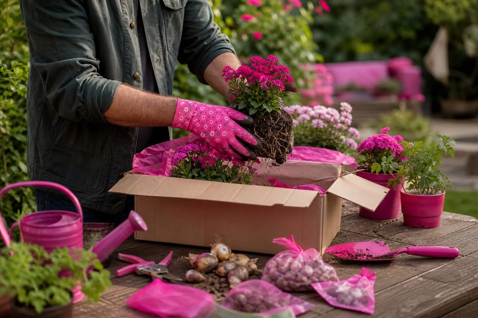 Un jardinier déballe avec soin des plantes en godets et des bulbes sur une table de rempotage avant leur plantation au jardin.
