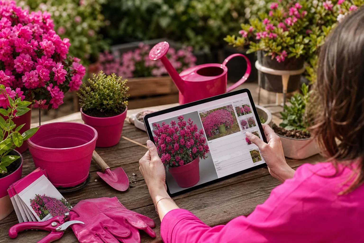 Une jardinière consulte la fiche d’un arbuste en pot sur une tablette, entourée de plants, d’outils et de contenants sur une terrasse.