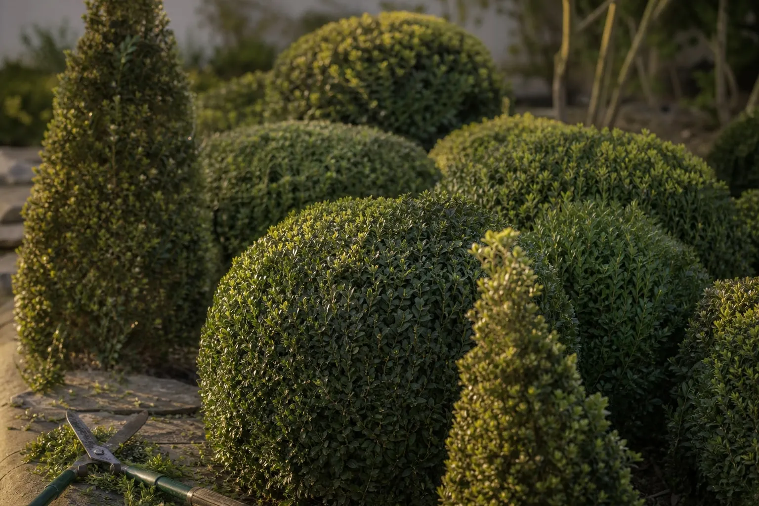 Gros plan sur des buis taillés en boules et en cônes bien nets dans un jardin, cisaille de jardinage posée à côté.