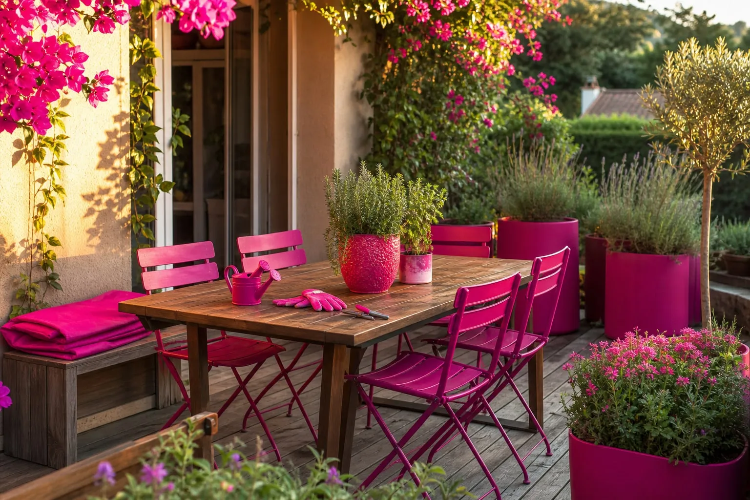 Une terrasse aménagée avec une table, des chaises, des jardinières et une housse de protection prête à être utilisée.
