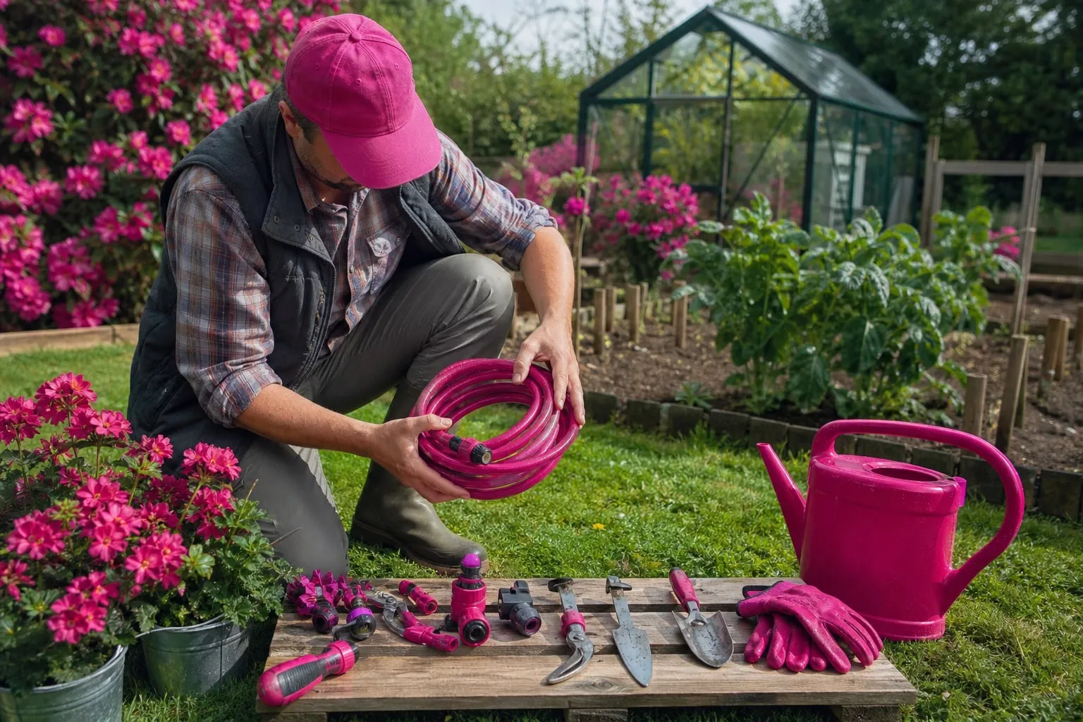 Un jardinier compare un système d’arrosage et des outils devant un potager organisé, illustration d’un achat d’équipement extérieur réfléchi.