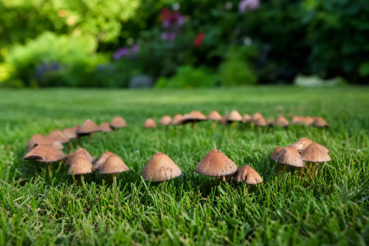 Gros plan sur un cercle de petits champignons bruns poussant dans une pelouse verte.