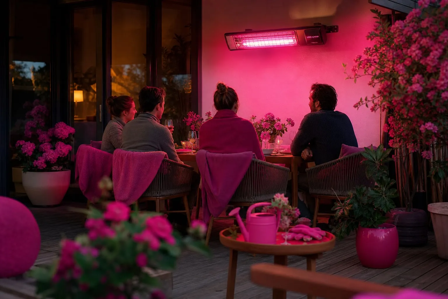 Une terrasse de jardin aménagée pour le soir, avec un chauffage infrarouge orienté vers une table, des assises regroupées et une végétation maintenue à distance de sécurité.