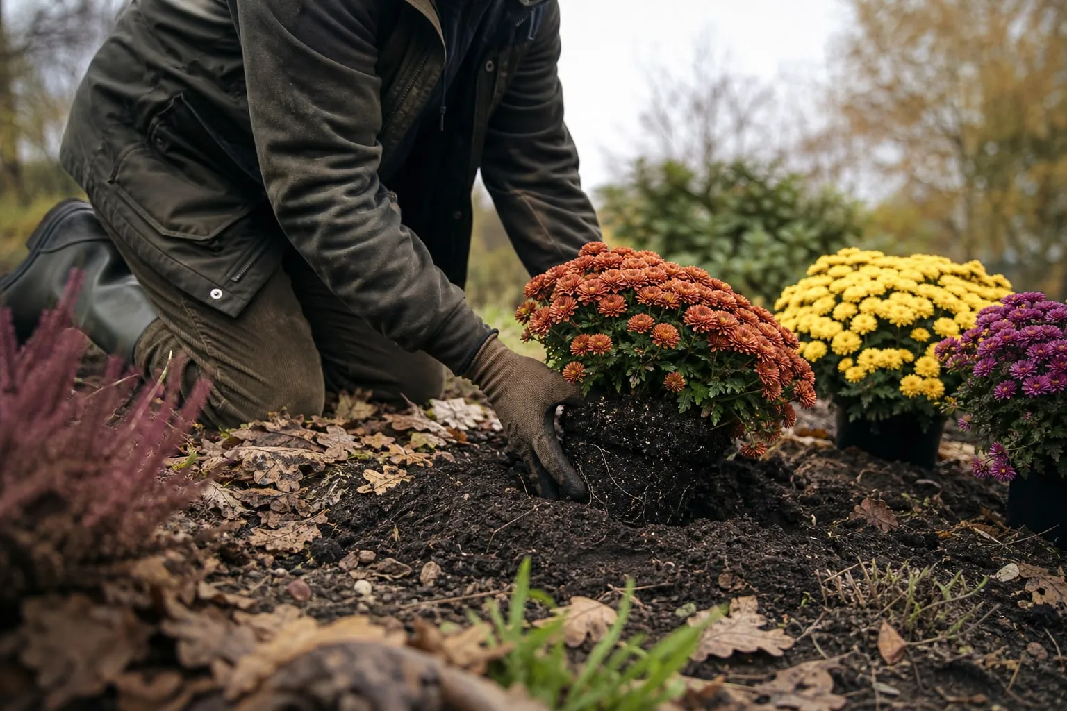 Jardinier plantant en pleine terre un chrysanthème en boule aux fleurs cuivrées, à côté d'autres pots de chrysanthèmes, en automne.
