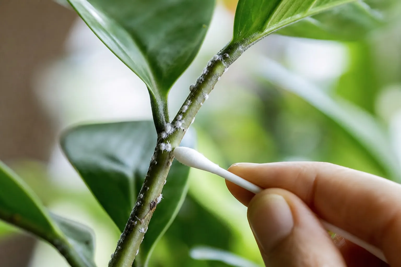 Gros plan macro sur une tige de plante d'intérieur envahie de cochenilles blanches cotonneuses aux aisselles des feuilles, une main nettoyant au coton-tige.