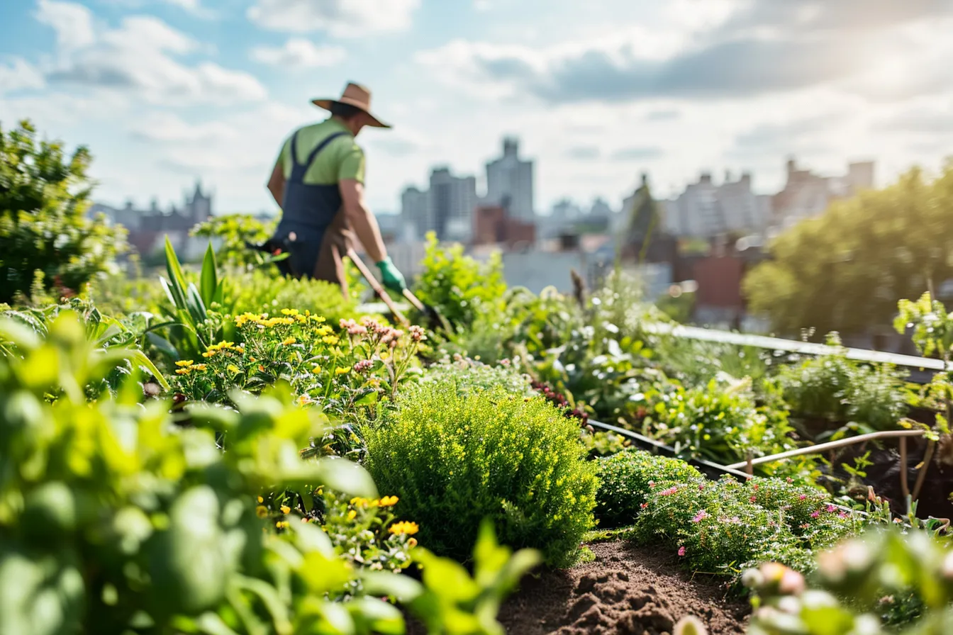 Une terrasse urbaine végétalisée en toiture, avec des bacs d’aromatiques et de vivaces, des fleurs pour les pollinisateurs et des immeubles en arrière-plan.