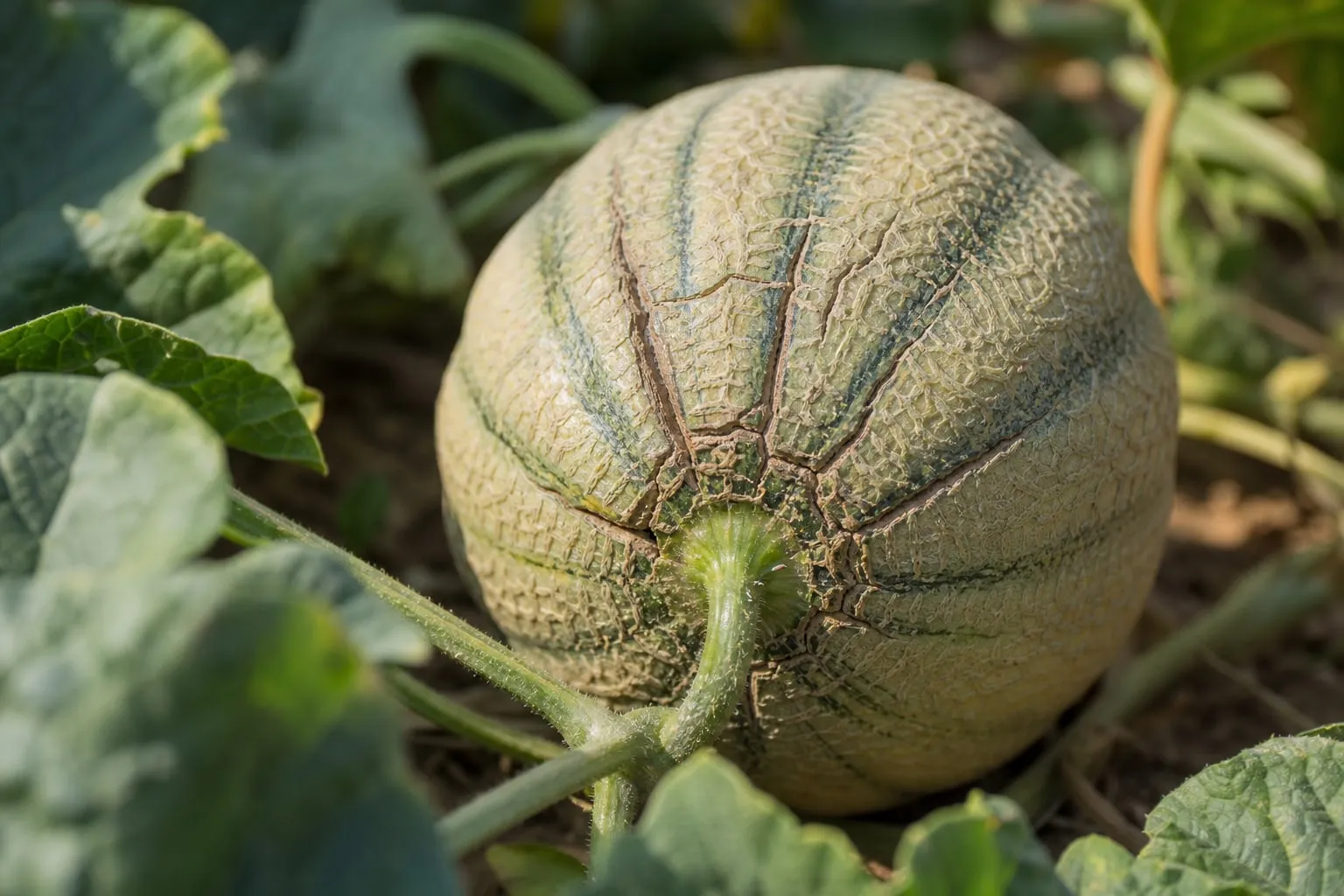 Gros plan sur un melon charentais mûr encore attaché à son pied, fissures craquelées autour du pédoncule.