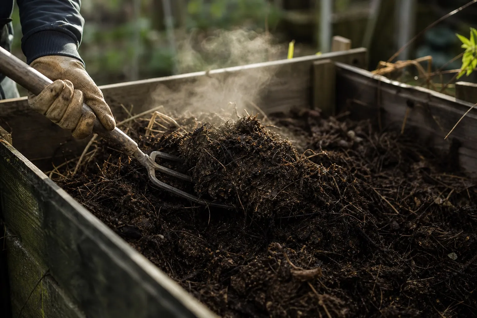 Mains gantées retournant un compost brun et fibreux à la fourche, dans un bac en bois installé au fond d'un jardin.