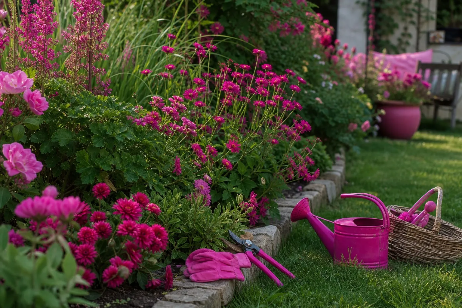 Un massif associant vivaces, annuelles et feuillages décoratifs crée un jardin coloré et structuré du printemps jusqu’aux premières gelées.