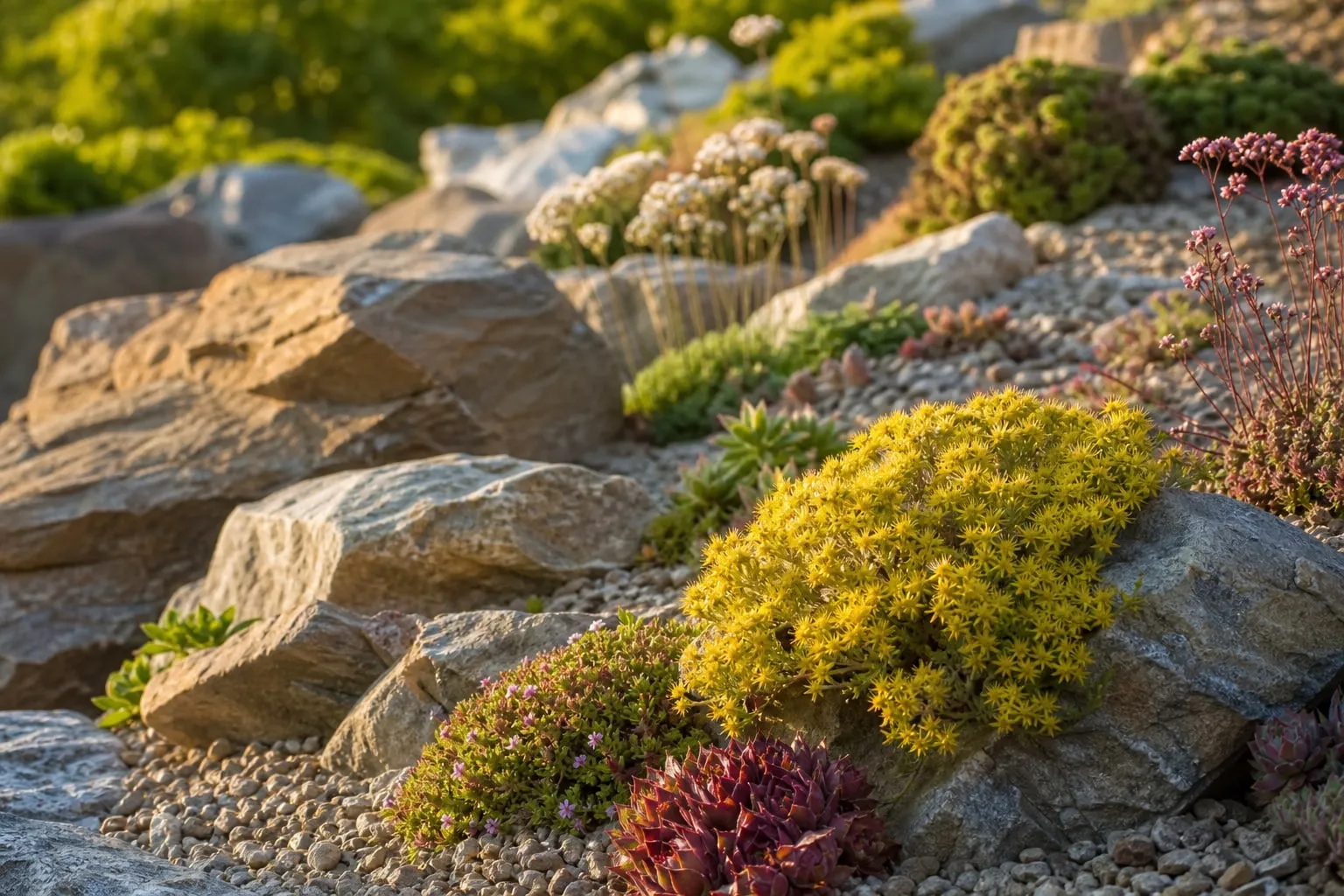 Rocaille de jardin composée de grosses pierres naturelles et de graviers, plantée de sedums et de joubarbes en coussins.