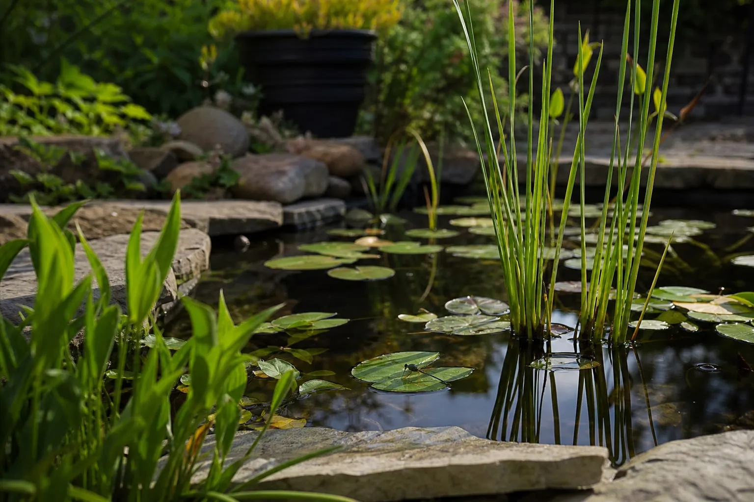 Petite mare naturelle de jardin bordée de pierres plates et de plantes aquatiques, avec une libellule posée sur une feuille.