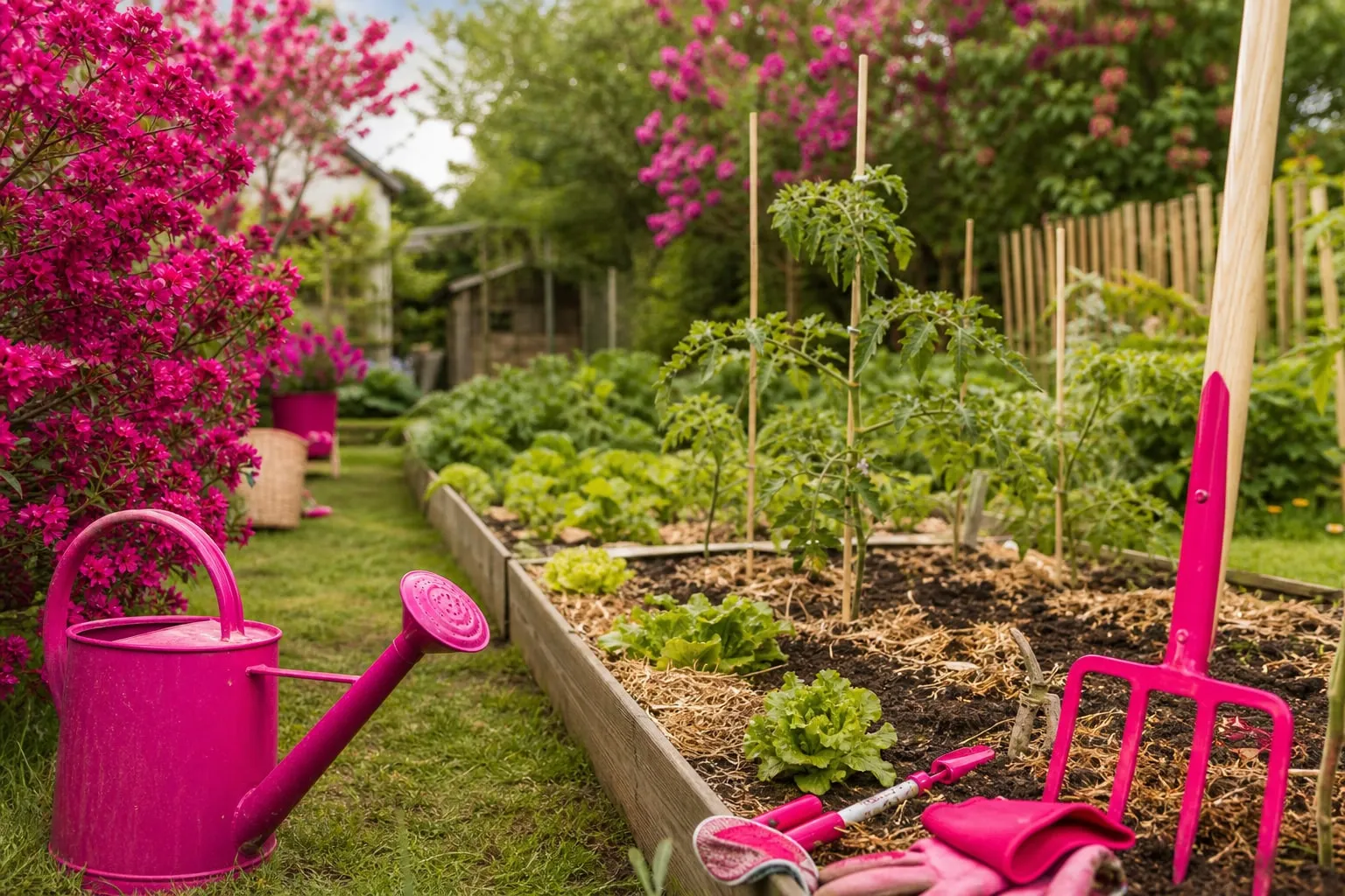Un potager familial en pleine terre avec planches paillées, jeunes légumes et outils posés près d’un point d’eau, illustrant une installation simple et productive.