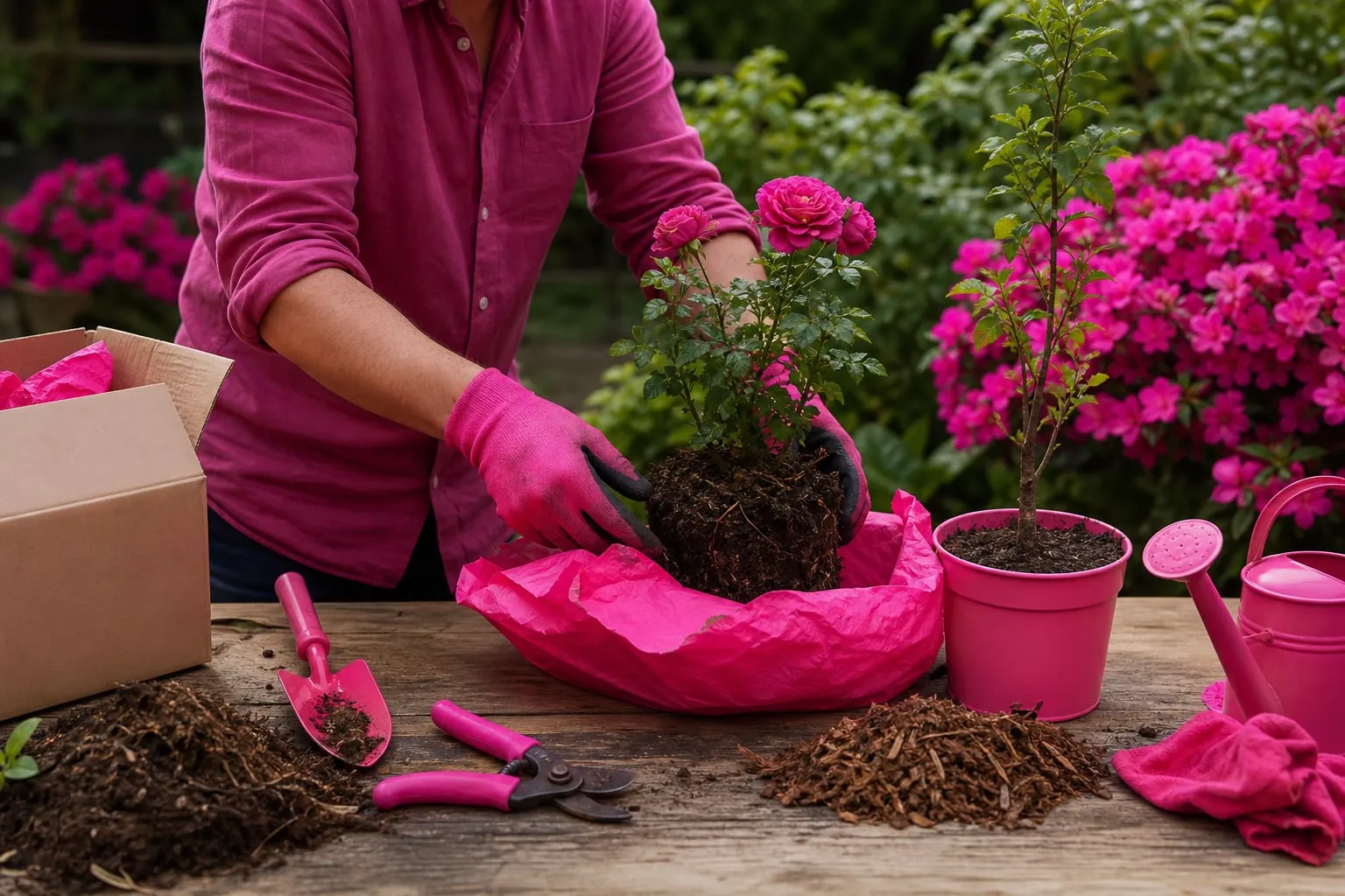 Un jardinier déballe soigneusement un jeune rosier et un fruitier en pot sur une table de rempotage avant leur plantation au jardin.