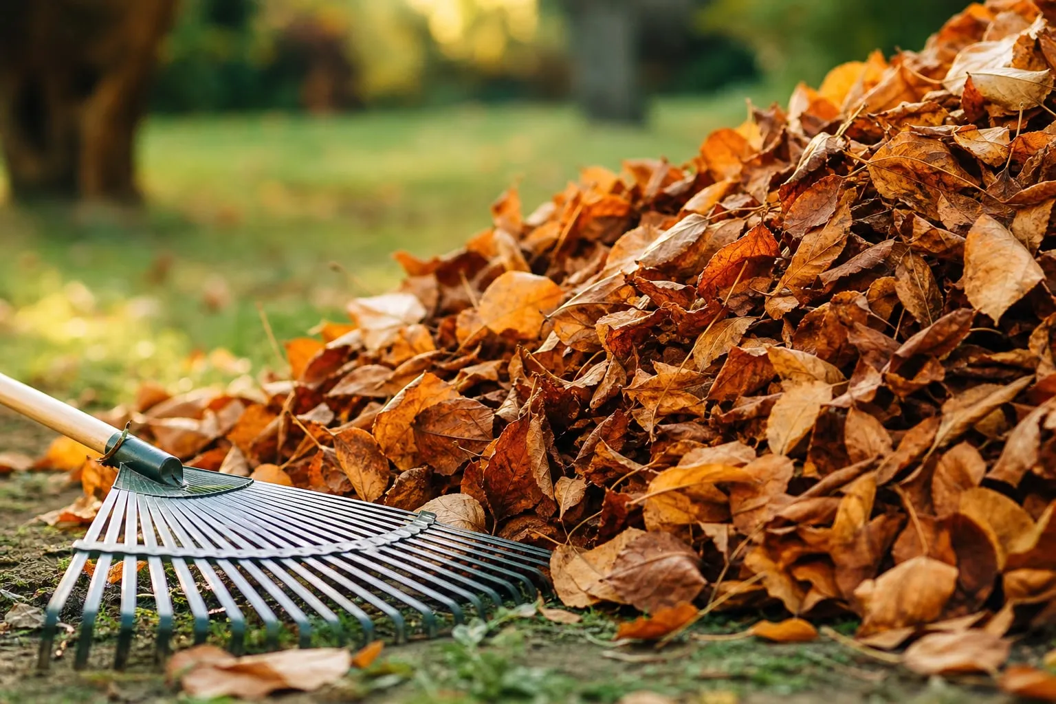 Gros plan sur un tas de feuilles mortes d'automne aux couleurs orangées et brunes, un râteau posé à côté.