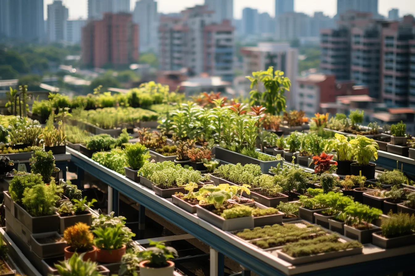 Un balcon urbain productif aménagé avec des bacs de légumes, des aromatiques, des fleurs et un paillage, photographié à hauteur de jardinier.
