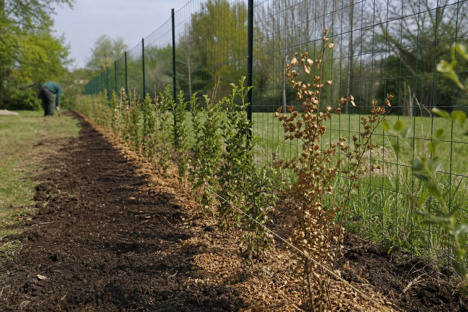 Jeune haie de troènes et de charmilles plantée en ligne le long d'une clôture de jardin, terre fraîchement retournée au pied des plants.