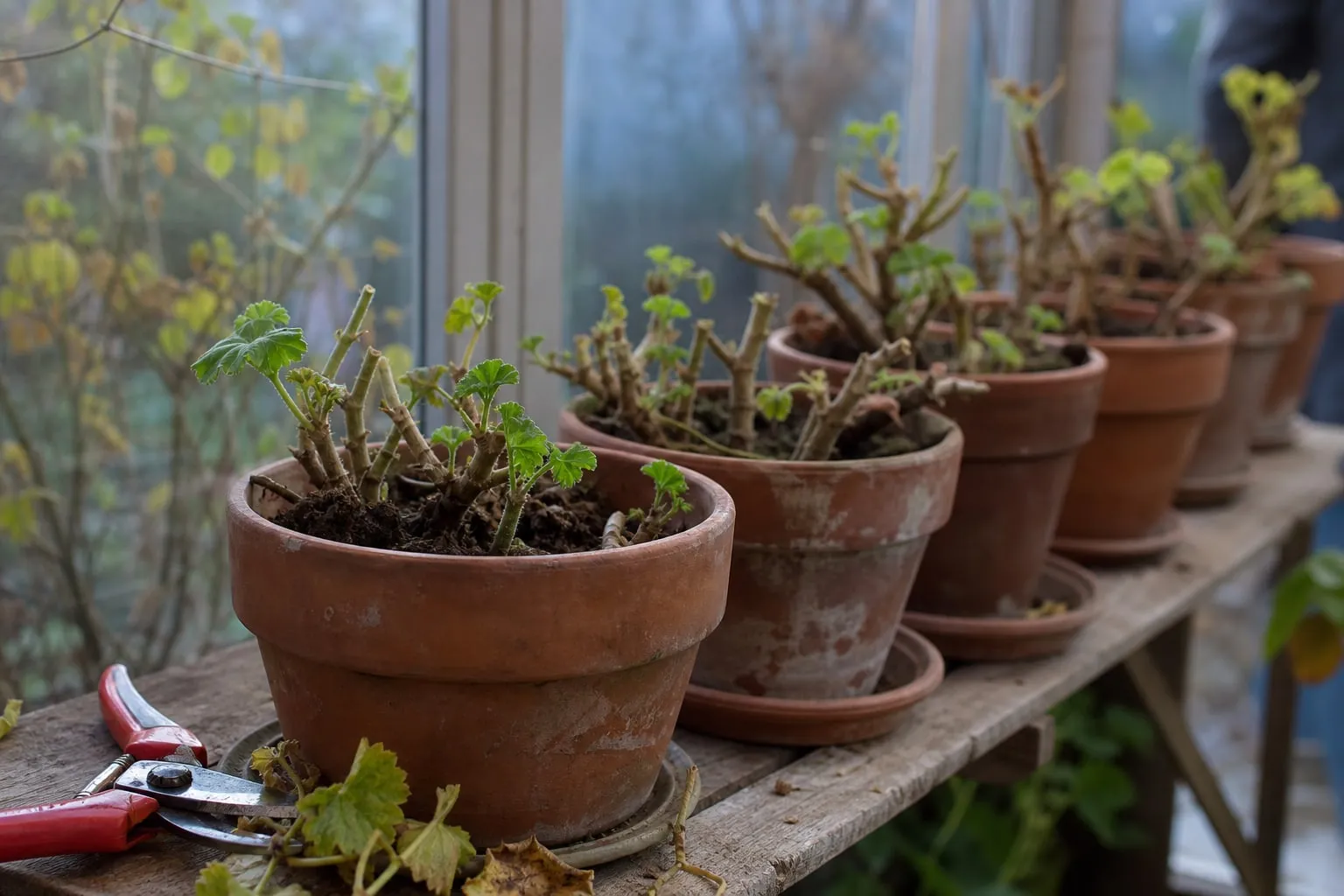 Pots en terre cuite de géraniums rabattus alignés sur une étagère en bois près d'une fenêtre, dans une véranda en automne.
