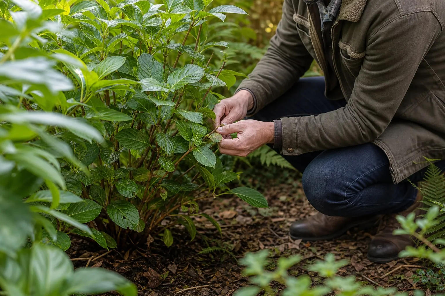 Arbuste d'hortensia touffu au feuillage vert dense mais sans aucune fleur, planté en pleine terre dans un jardin ombragé.