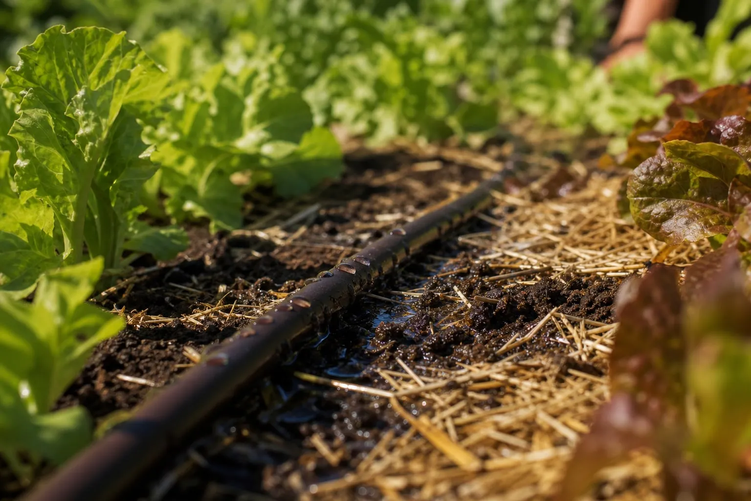 Gros plan sur un tuyau goutte-à-goutte posé au pied de plants de légumes dans un potager, gouttes d'eau visibles sur la terre paillée.