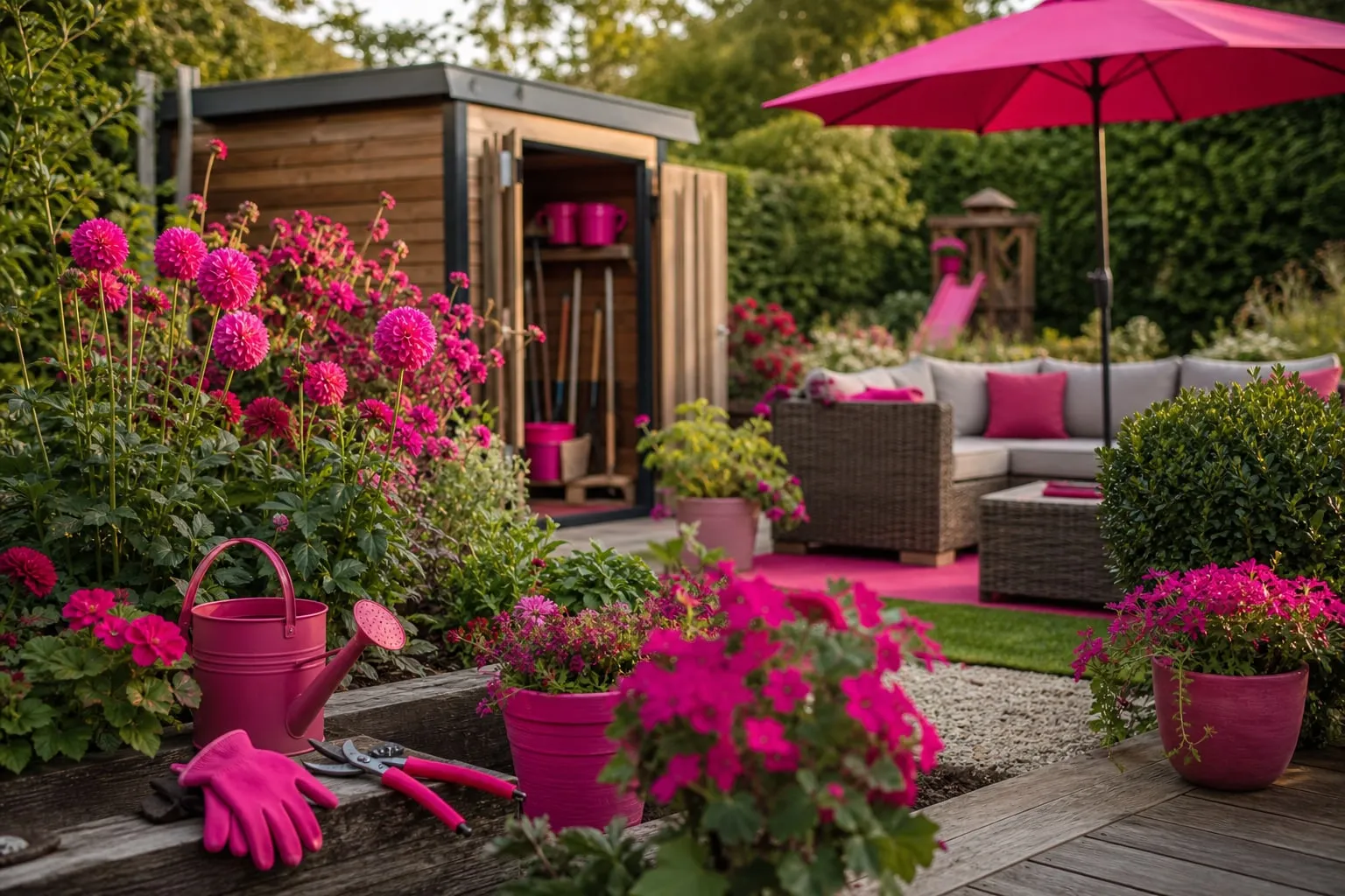 Une terrasse-jardin soigneusement aménagée avec mobilier, outils rangés et équipements extérieurs, illustrant l’univers pratique de Jardideco.