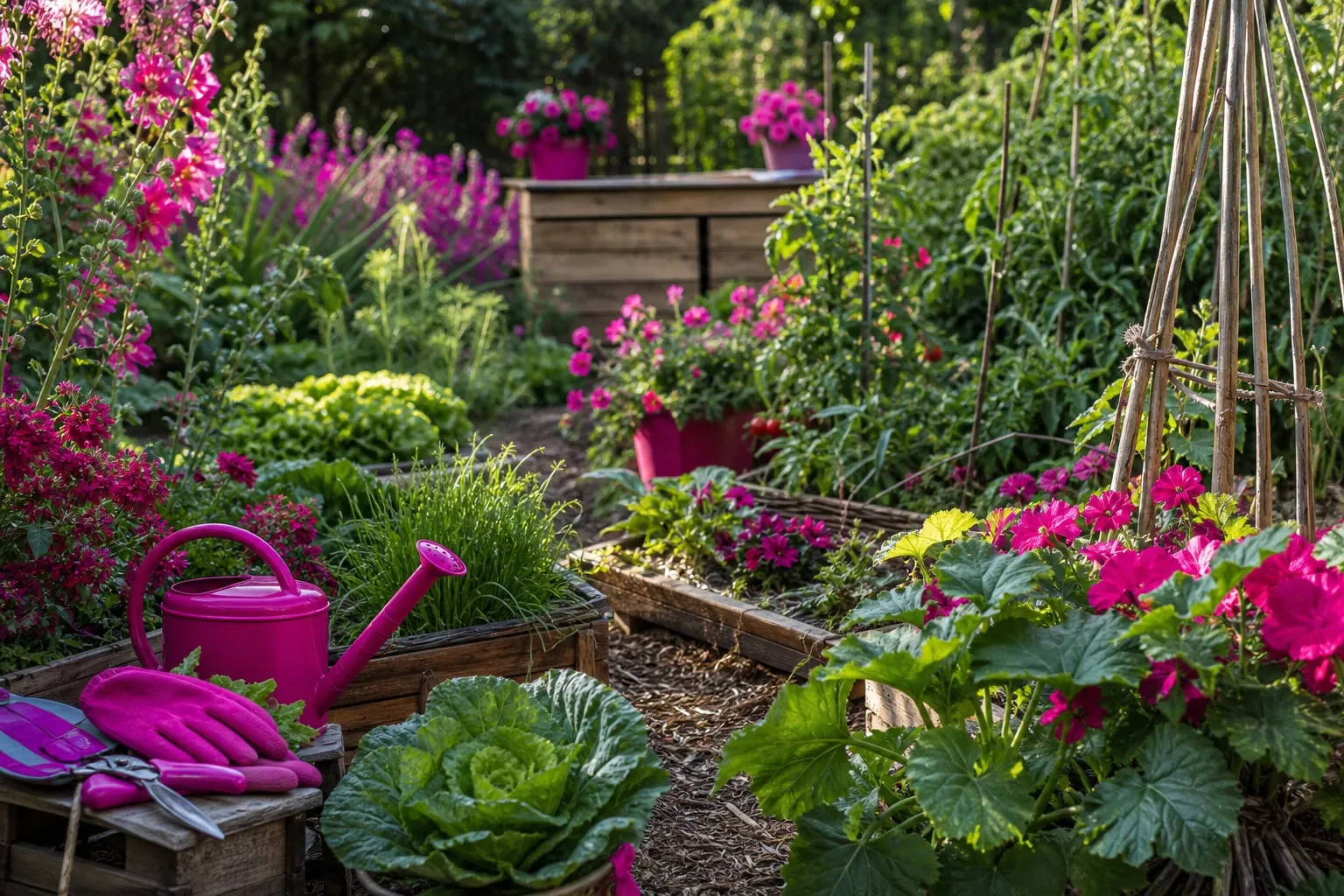 Un potager biologique en planches paillées, mêlant légumes, aromatiques et fleurs mellifères, avec un composteur discret à l’arrière-plan.