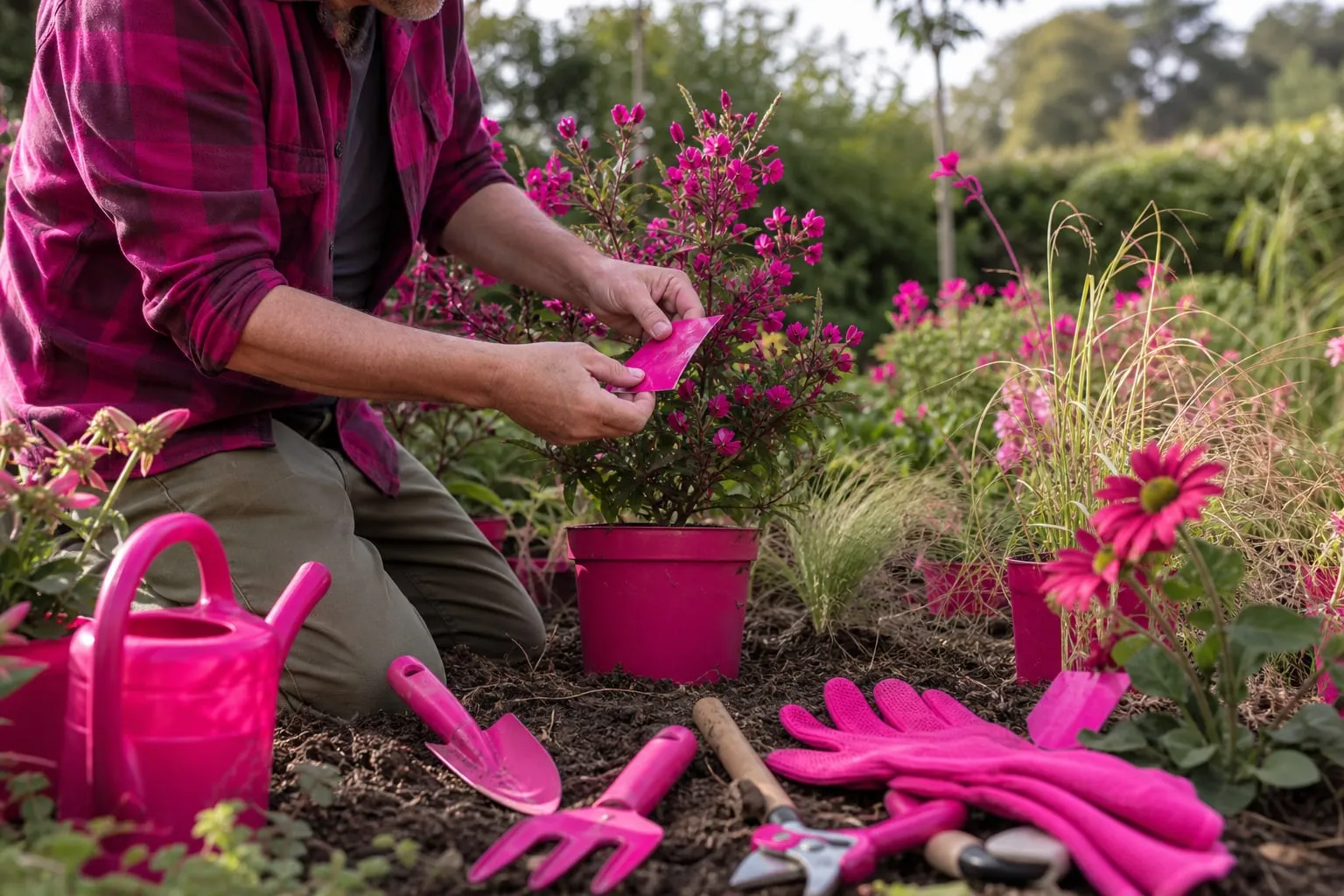 Un jardinier examine une jeune plante en conteneur parmi des arbustes et vivaces prêts à être plantés dans un massif, illustration de l’achat de végétaux en ligne.