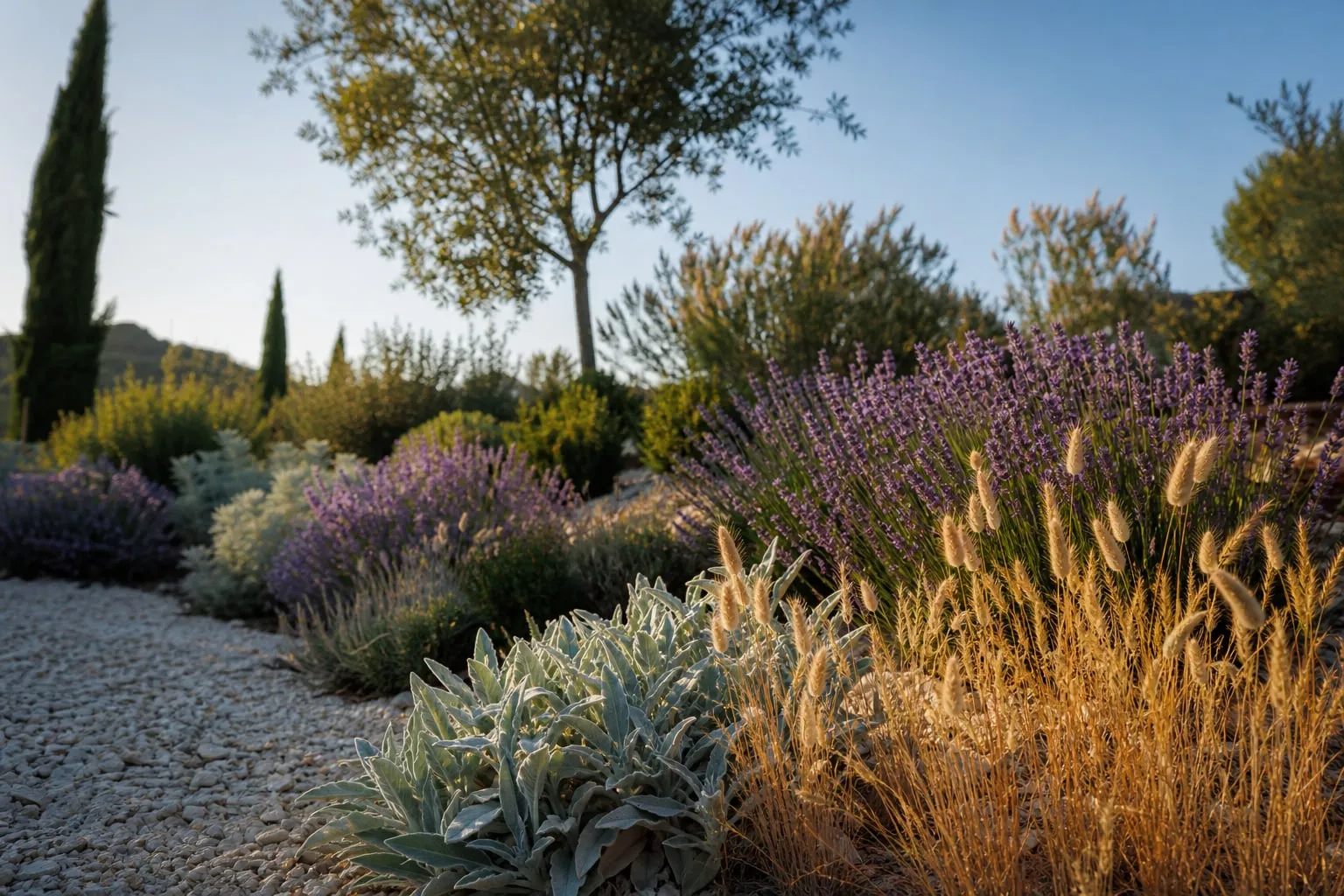 Massif de jardin sec en plein été avec lavandes, graminées et sauges en fleurs sur un sol paillé de gravier clair.