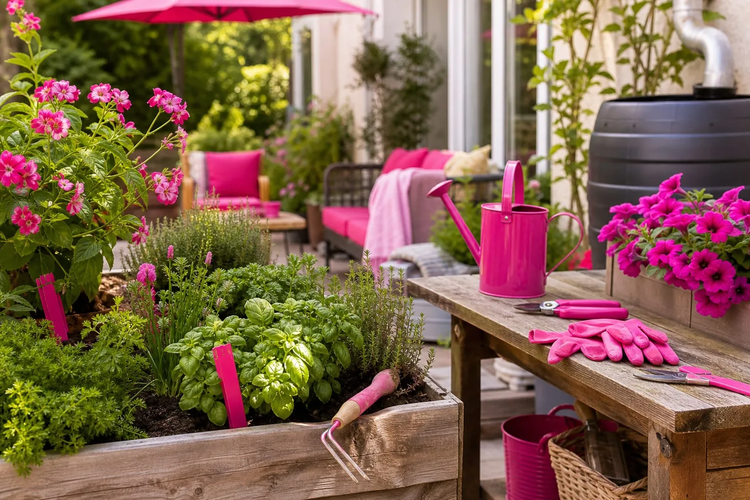 Une terrasse-jardin aménagée avec un carré potager, des outils rangés et du mobilier extérieur, illustrant l’offre polyvalente de Jardindéco.