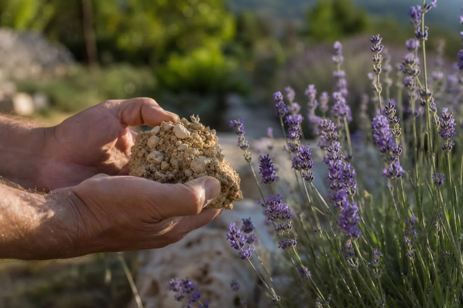 Mains de jardinier tenant une motte de terre blanchâtre et caillouteuse de sol calcaire, à côté d'un massif de lavande en fleurs sous une lumière chaude.