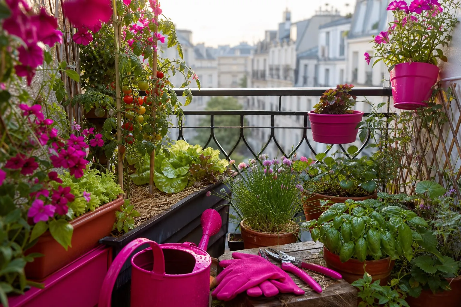Un balcon urbain bien exposé accueille des pots de tomates, d’aromatiques, de salades et de fleurs, installés contre une rambarde sécurisée.
