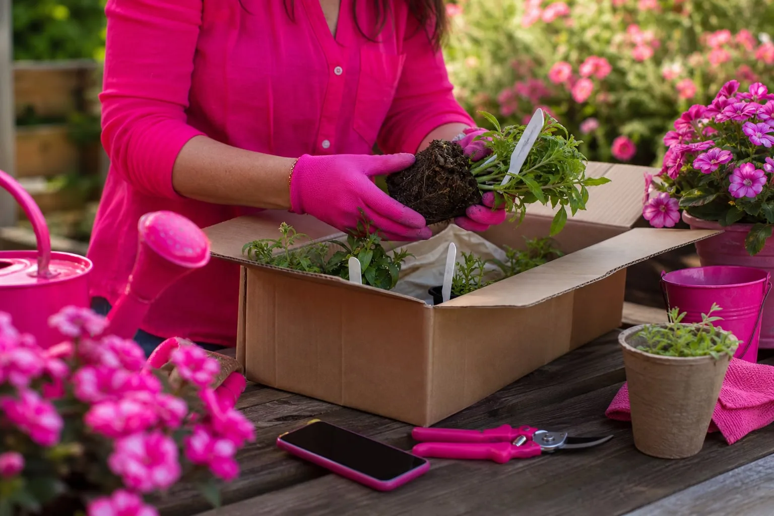 Réception attentive d’un colis de plantes sur une table de jardin, avec contrôle des pots, des étiquettes et de l’état des végétaux à la lumière du jour.