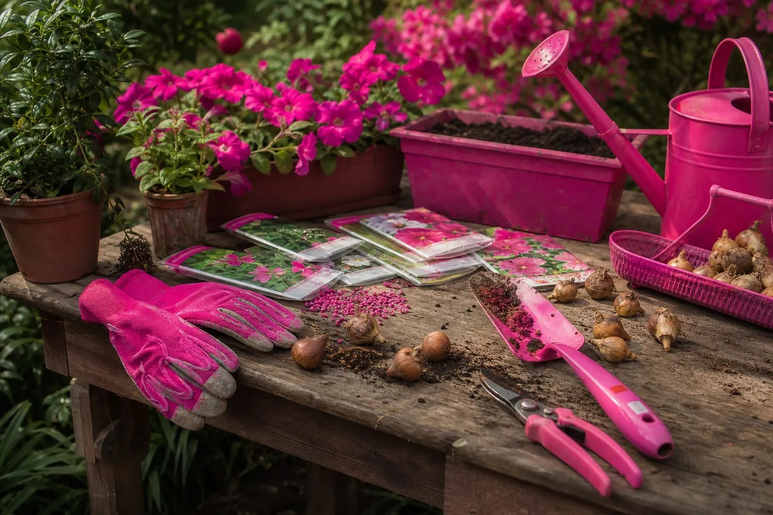 Des sachets de graines, des bulbes à fleurs et un plantoir disposés sur une table de rempotage, pour illustrer l’achat raisonné en jardinerie en ligne.