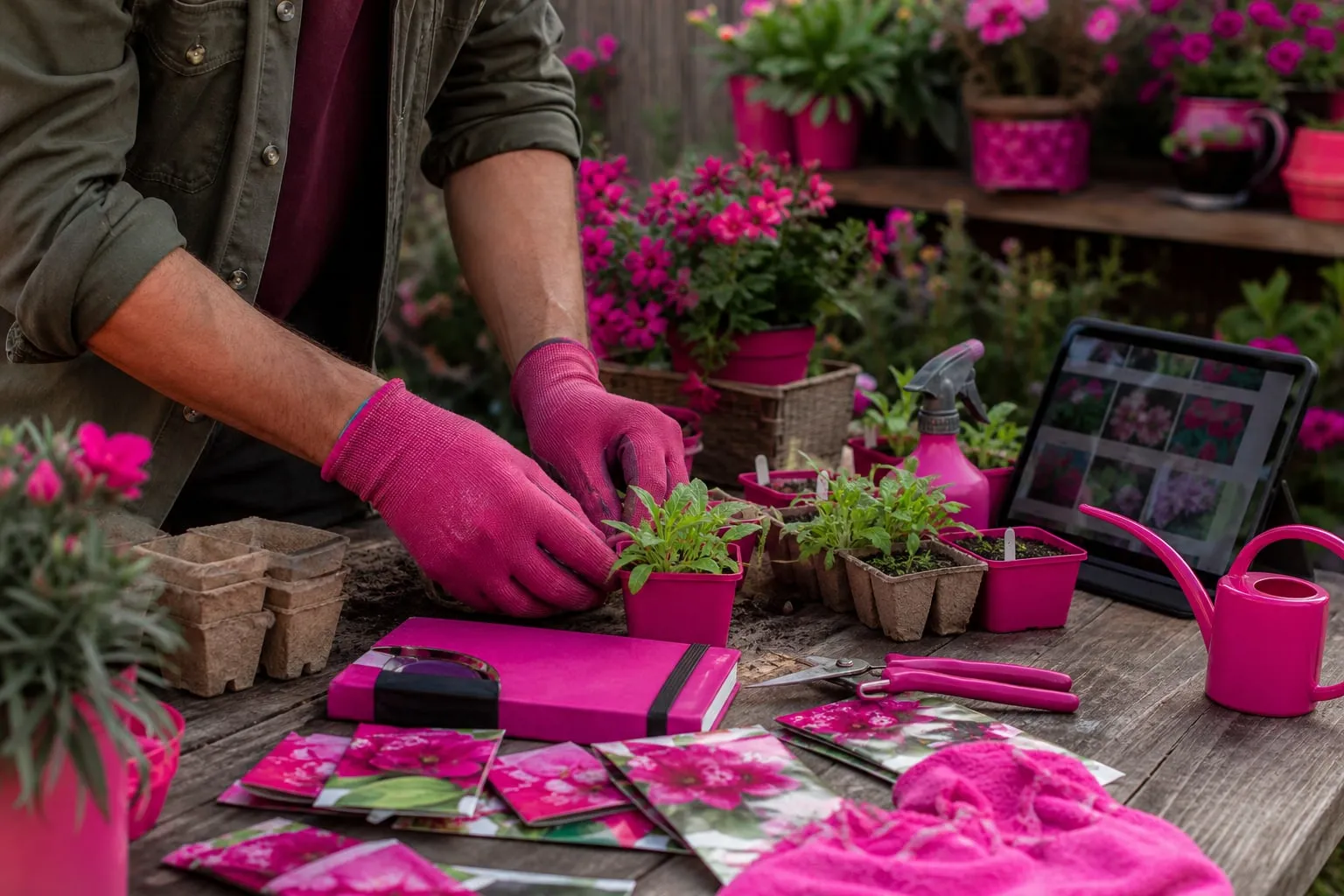 Un jardinier compare sur une tablette des sachets de graines, de jeunes plants et des outils posés sur une table de rempotage avant de composer son panier en ligne.