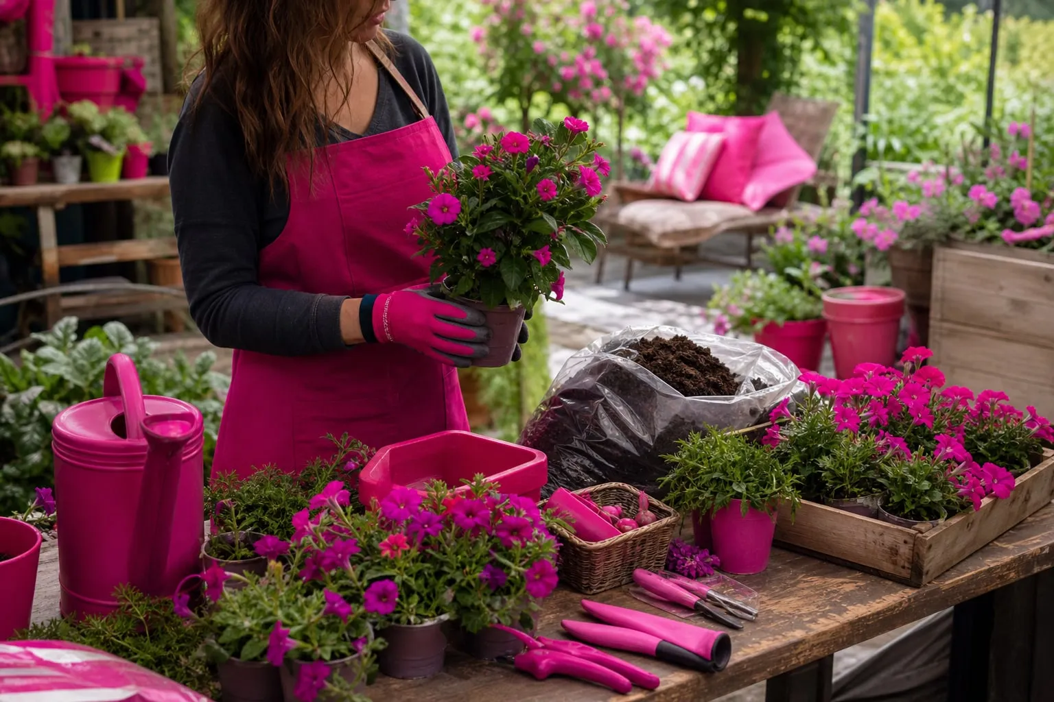 Une jardinière prépare une commande mêlant jeunes plants, terreau, outils manuels et éléments d’aménagement sur une table de jardin, illustrant l’achat de jardinage en ligne.