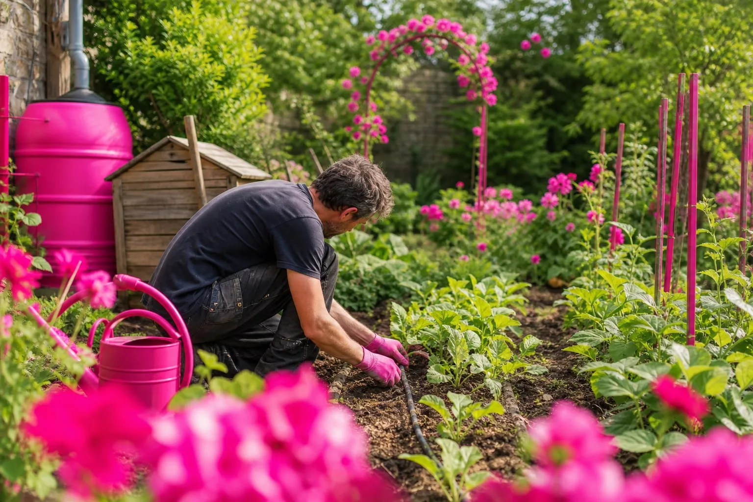 Un jardinier prépare un réseau de goutte-à-goutte dans un potager organisé, avec composteur, tuteurs et récupérateur d’eau visibles en arrière-plan.