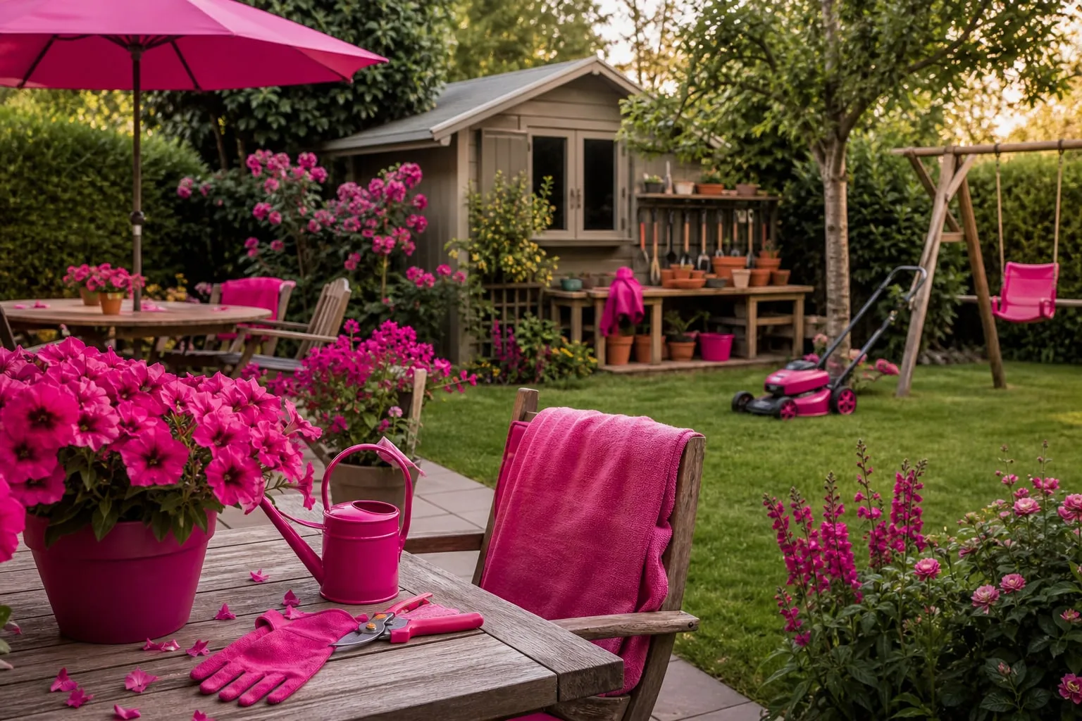 Un jardin familial aménagé avec un abri, du mobilier de terrasse, des outils rangés et des jeux de plein air, illustrant l’équipement extérieur.