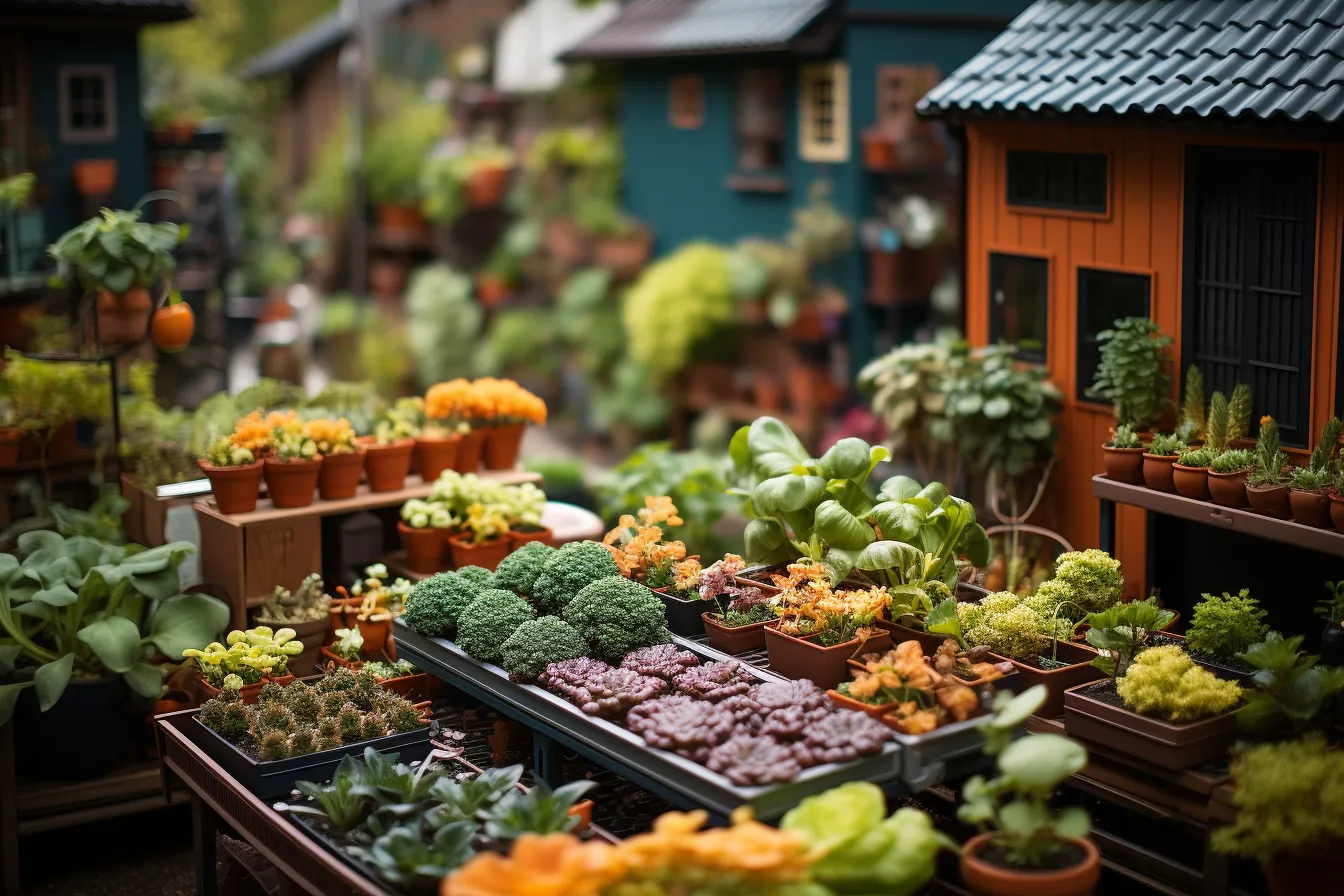 Un petit jardin urbain productif mêlant légumes, aromatiques, fleurs et paillage autour d’une planche de culture surélevée.