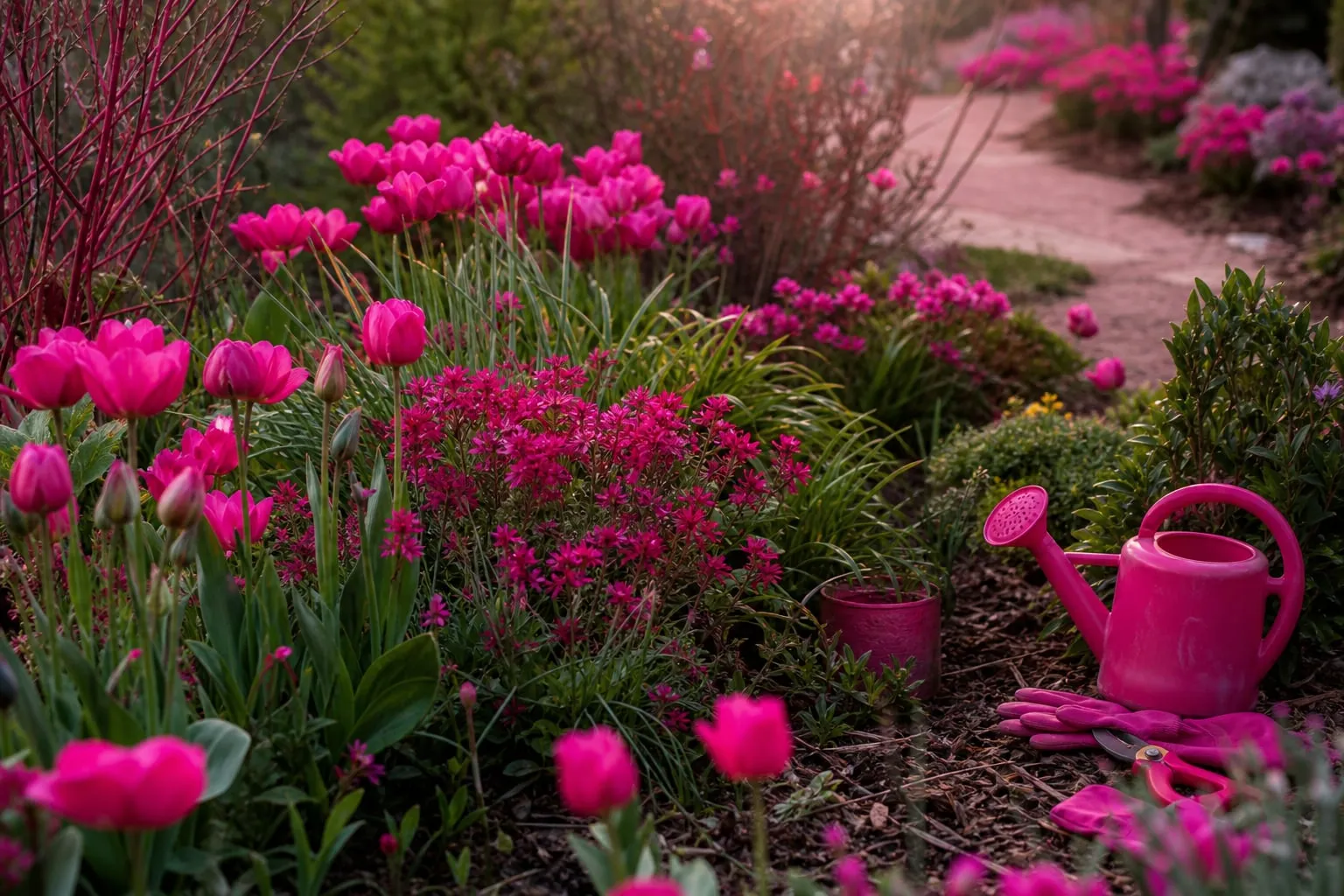 Un massif de jardin composé de bulbes, vivaces, graminées et arbustes illustre la succession des intérêts décoratifs au fil des saisons.