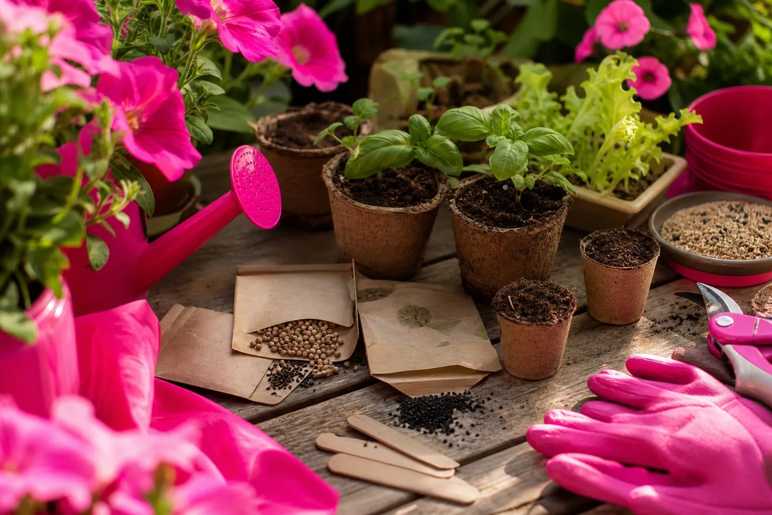 Des sachets de graines, des godets étiquetés et de jeunes semis sont disposés sur une table de rempotage prête pour préparer un potager.