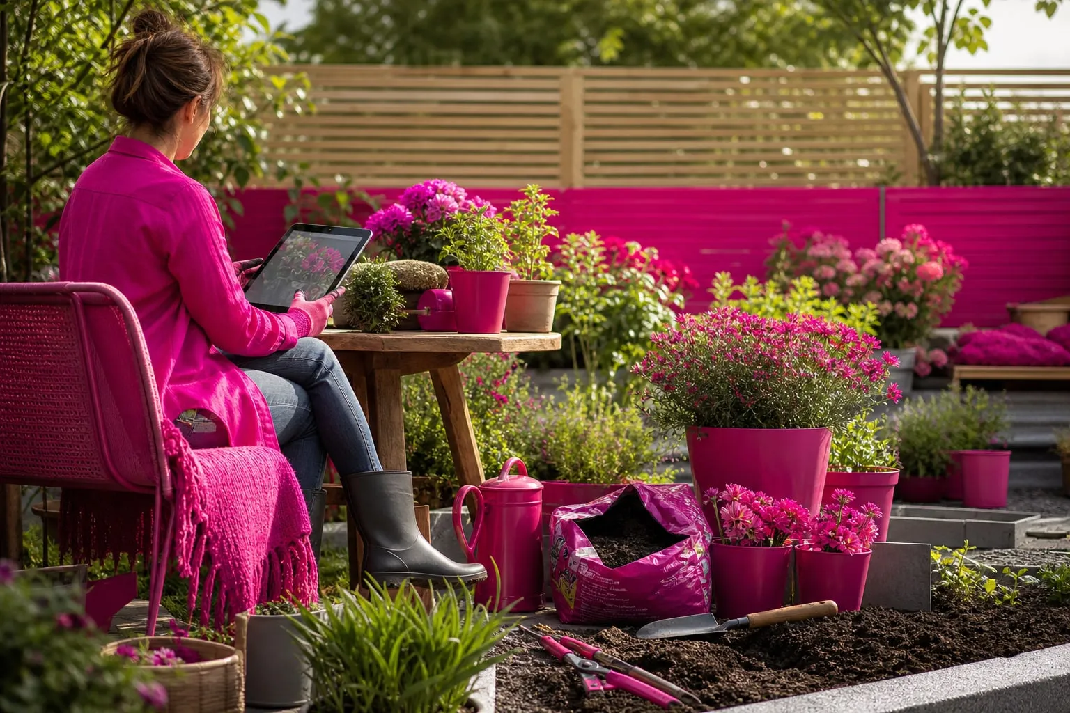 Une terrasse-jardin en cours d’aménagement, avec jardinières, outils, paillage et mobilier extérieur, illustrant une boutique qui réunit culture, bricolage et décoration.