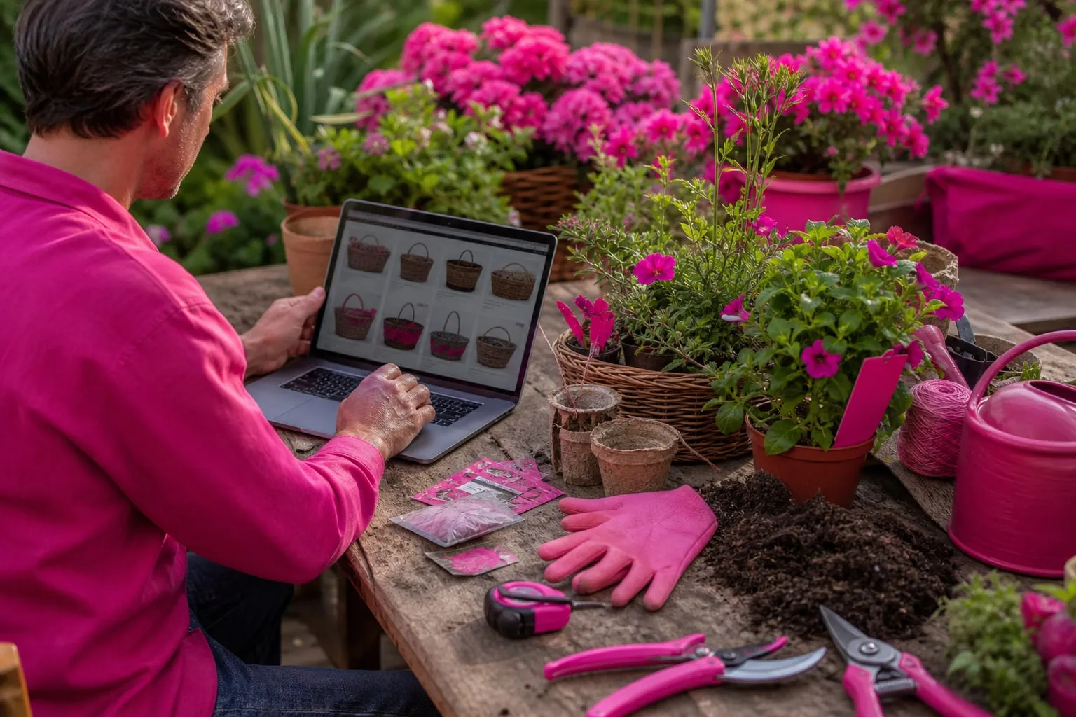 Un jardinier compare sur son ordinateur le prix de graines, de pots et de terreau avant de finaliser une commande, avec des plants prêts à être installés au jardin.