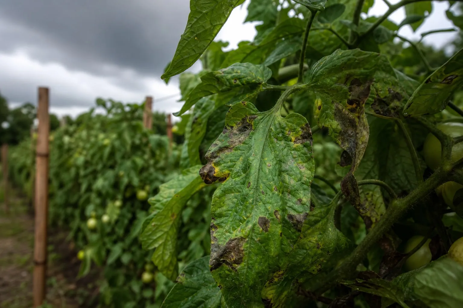 Gros plan sur des feuilles de tomate marquées de taches brunes floues caractéristiques du mildiou, avec des gouttes de pluie encore présentes.