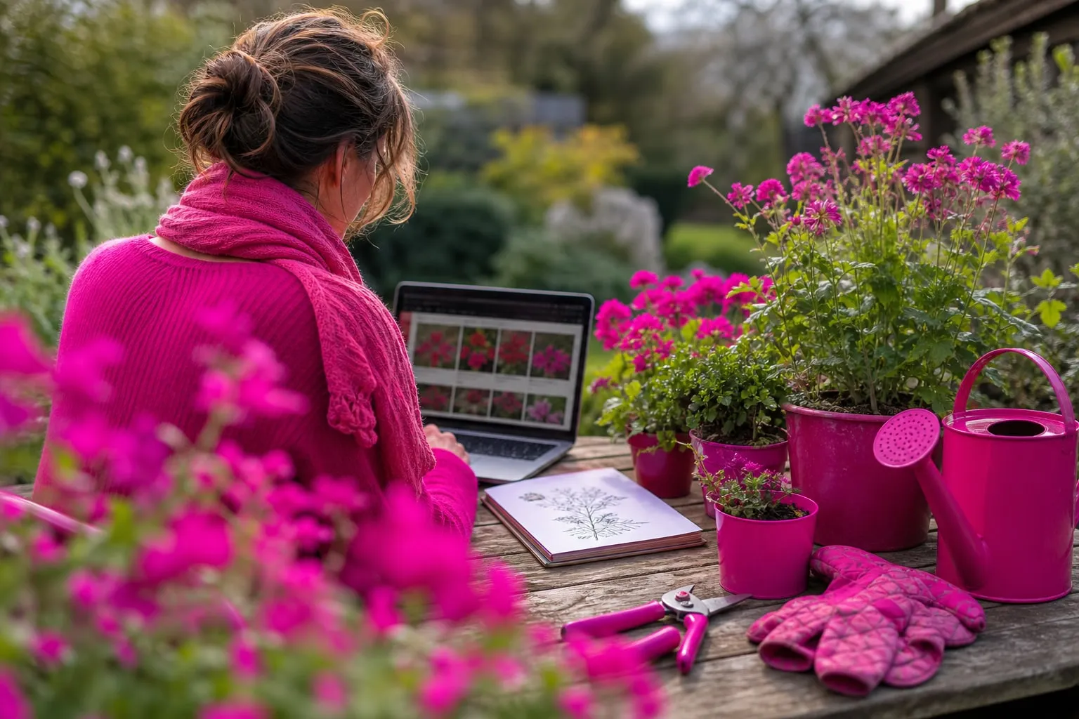Une jardinière consulte une fiche de plante sur ordinateur à côté de jeunes végétaux en pots, d’outils et d’un plan de massif dans un jardin.