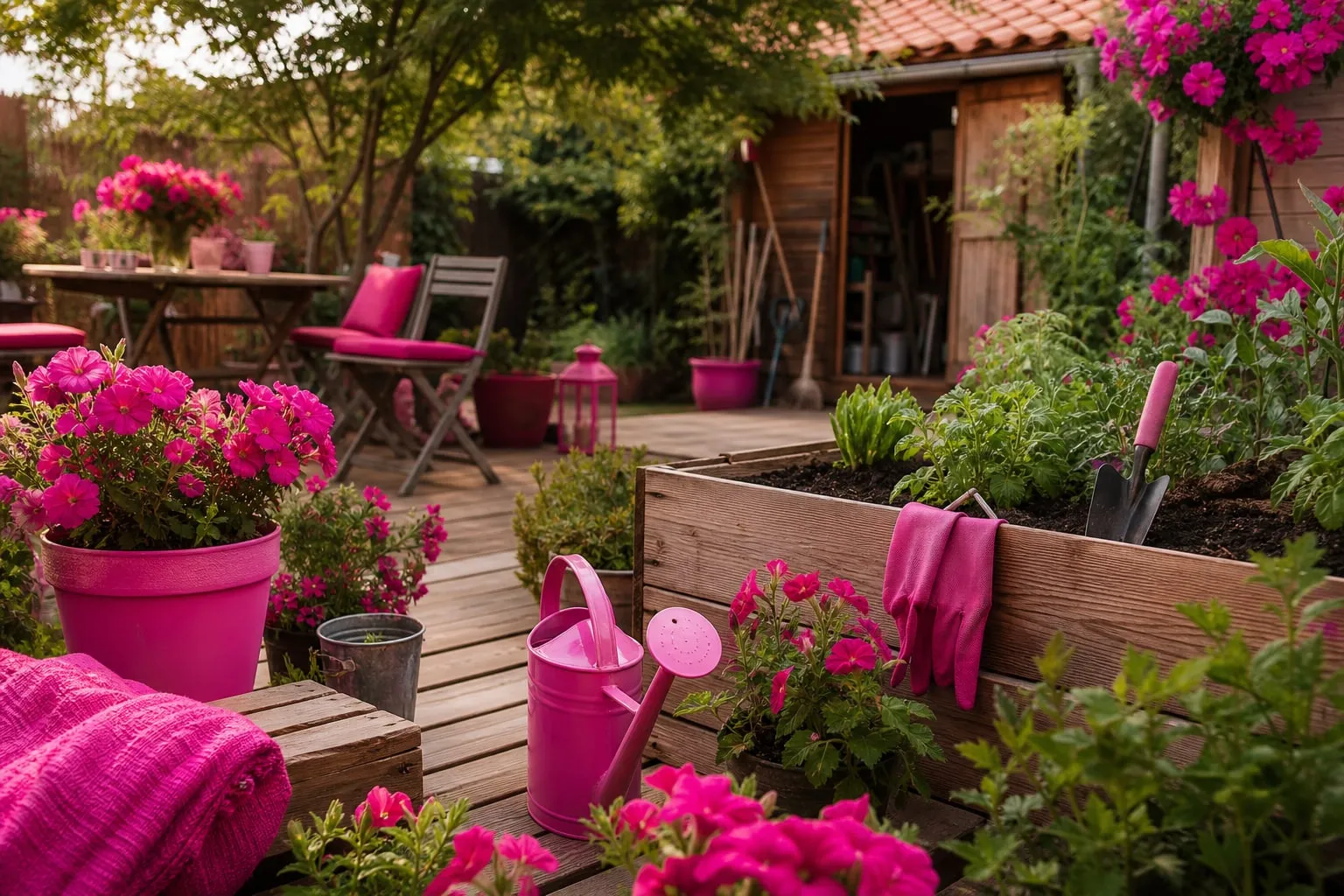 Une terrasse de jardin aménagée avec mobilier, jardinières, outils et espace potager, illustrant la diversité des équipements d’une jardinerie en ligne.