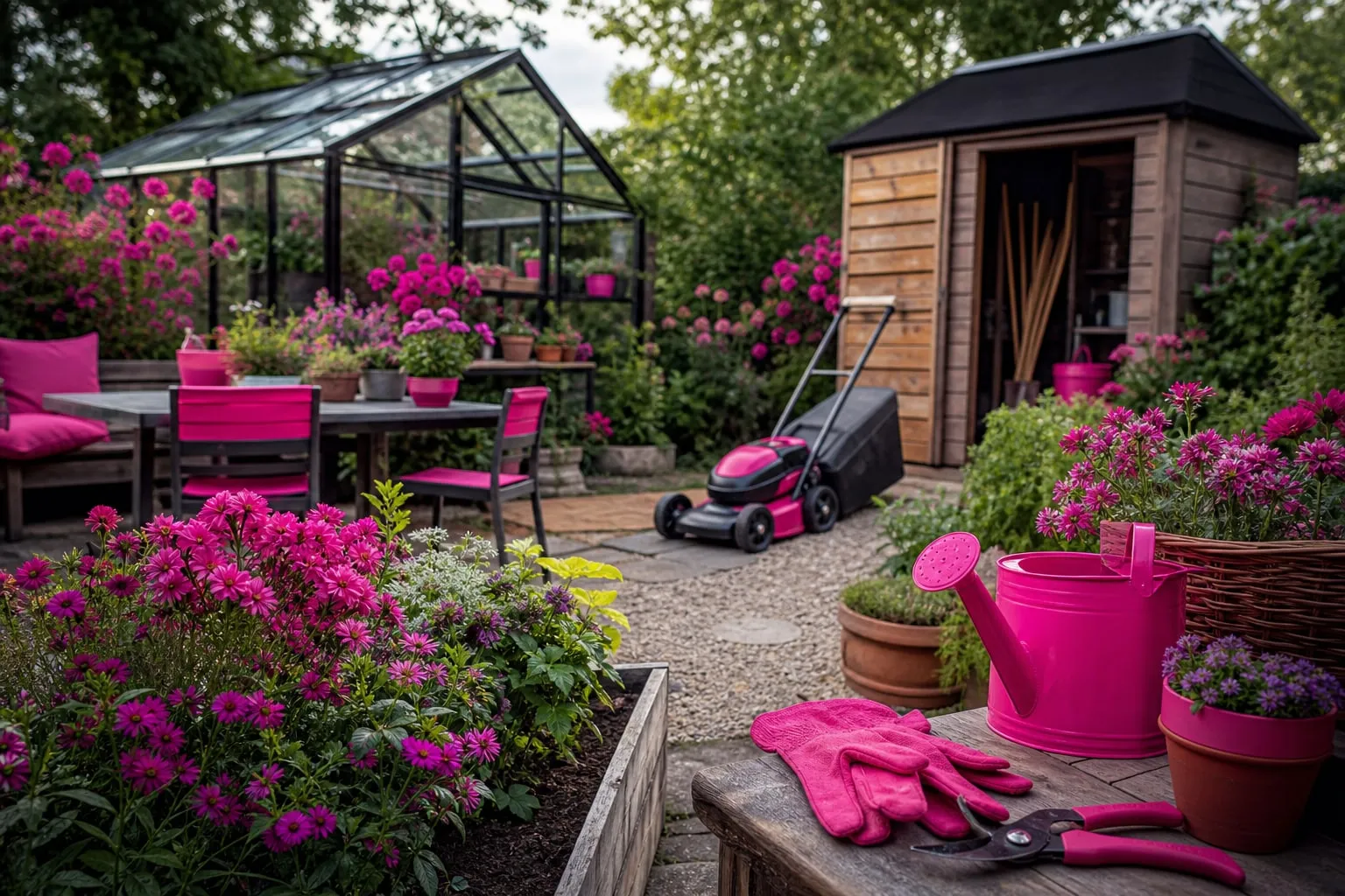 Un jardin familial organisé avec une serre, un abri, des outils et du mobilier extérieur, illustrant les projets d’équipement proposés par OOGarden.